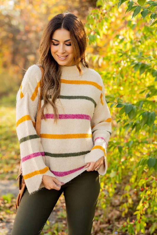 Striped Wide Sleeve Mock Neck Sweater