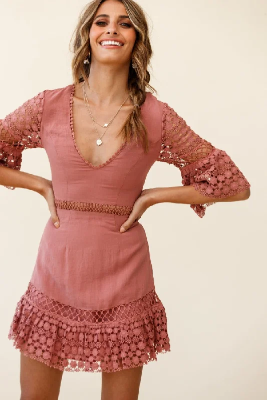 Believe It Crochet Detail Fluted Hem Dress Rose