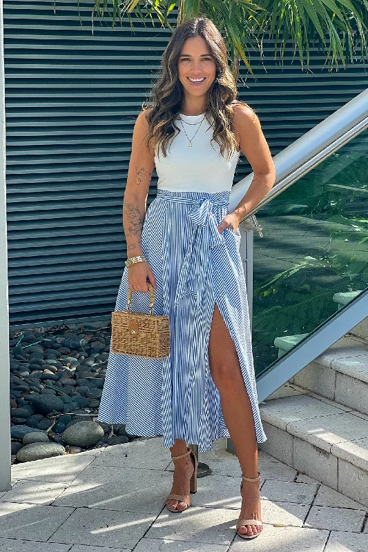 Blue Striped Midi Dress With Slit