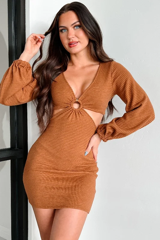 DOORBUSTER Craving Connection Ribbed Long Sleeve Cut-Out Dress (Camel)