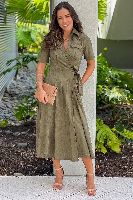 Dark Olive Suede Midi Dress