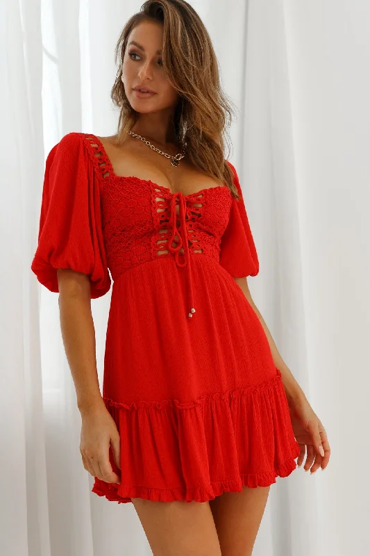 Golden Hour Lace-Up Front Crochet Dress Red