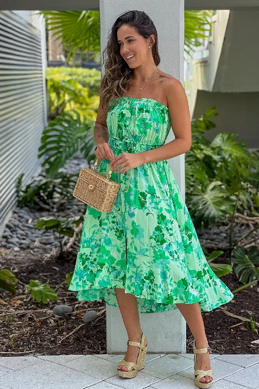 Green Floral Print High Low Dress