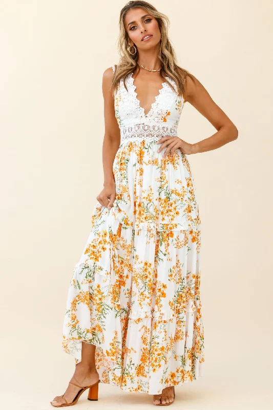 Indio Crochet Insert Deep V-Neckline Maxi Dress Floral Print White/Orange