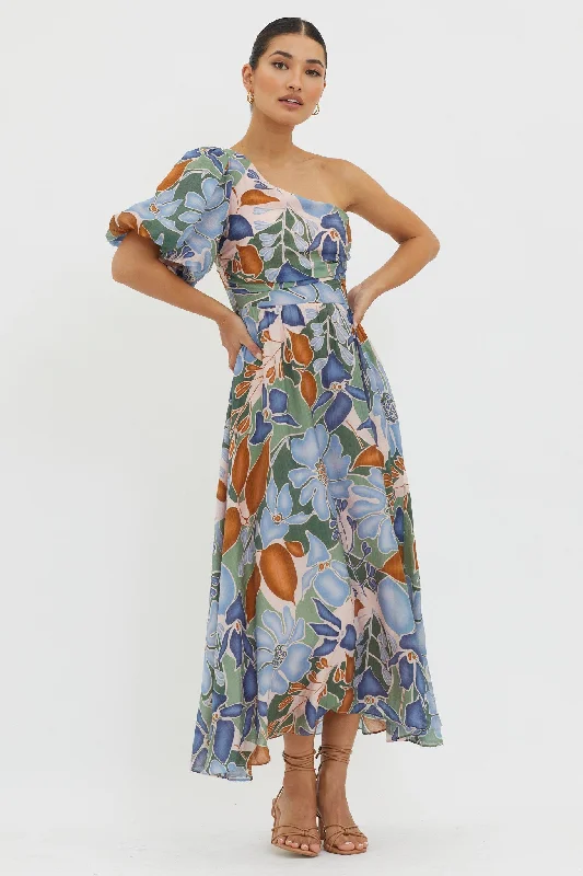 Jayni Puffed One Shoulder Midi Dress Blue