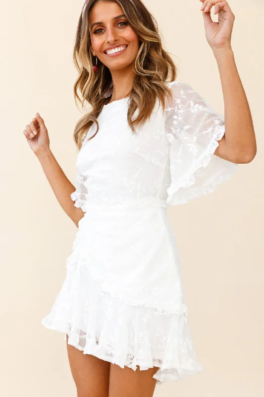 Leona Half Sleeve Frill Trim Dress Leaf Embroidered White