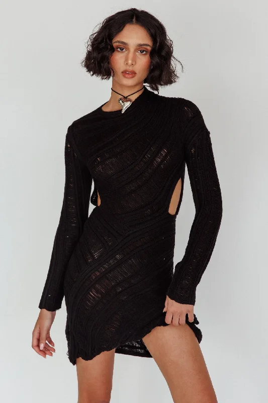 Leyanne Crochet Long Sleeve Cut-Out Mini Dress Black