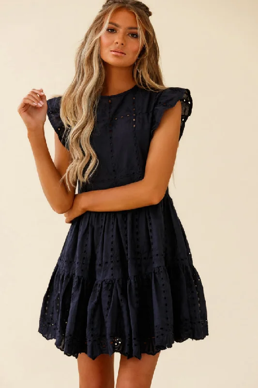 Louise Cap Sleeve Eyelet Embroidery Dress Navy