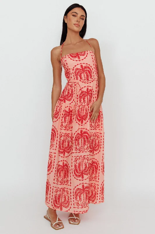 Natasia Halterneck Maxi Dress Palm Print Red