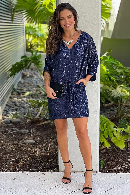 Navy Loose Fit Sequined Dress