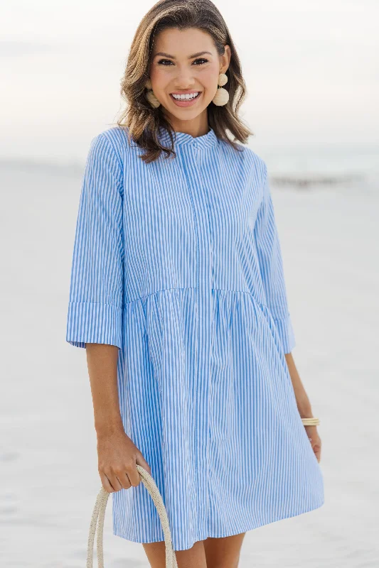 No Worries Blue Striped Shirt Dress