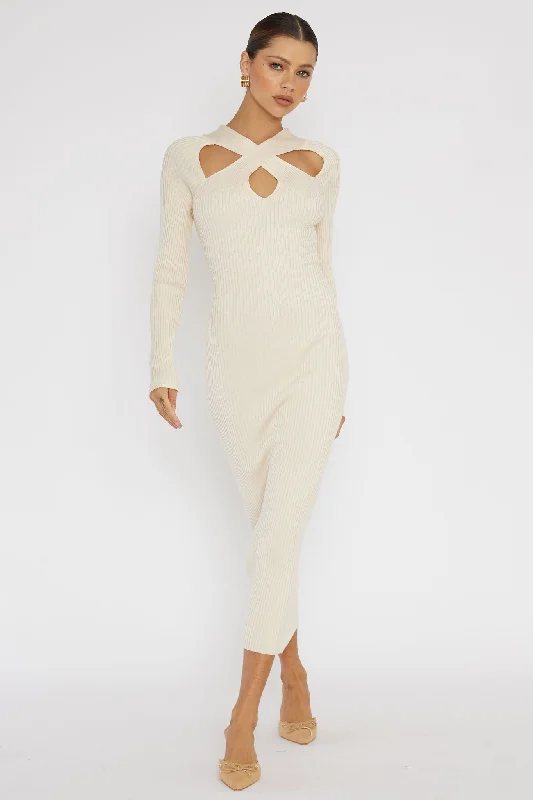 One Mind Cut-Out Neckline Knit Midi Dress Cream