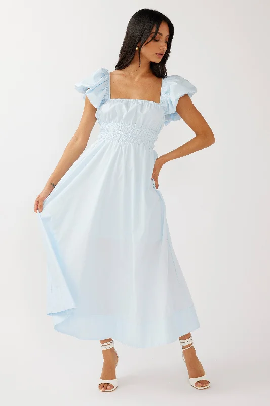 Rose Meadow Puffed Sleeve Midi Dress Blue