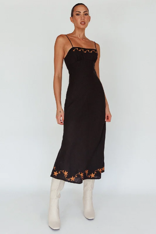 Star Garden Embroidered Midi Dress Black